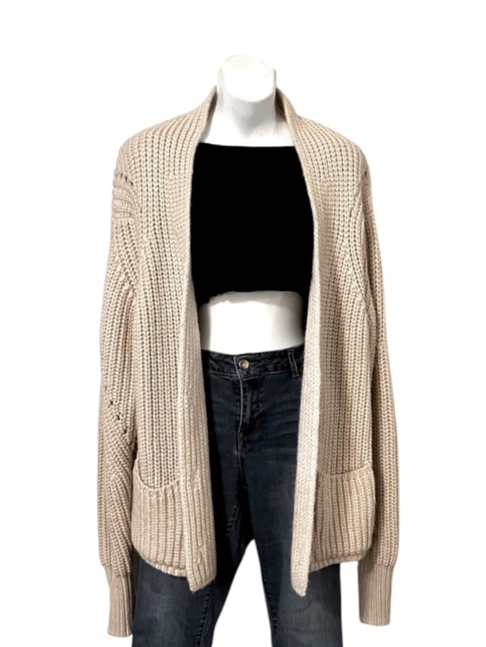 MM&CO. Womens Chunky Cable Knit Beige Gray Button Down V Neck Cardigan Sweater M